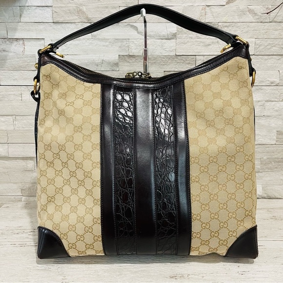 GUCCI Monogram Crocodile Web Medium Secret Hobo Dark Brown Leather Handbag - Picture 4 of 16